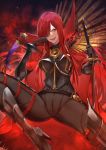  1girl armor armored_boots belt boots bracer cape chain eyebrows_visible_through_hair fate/grand_order fate_(series) fire hair_over_one_eye high_collar highres kakumayu katana long_hair oda_nobunaga_(fate) oda_nobunaga_(maou_avenger)_(fate) open_mouth red_eyes redhead sharp_teeth sitting smile solo sword teeth weapon 