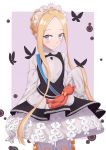  1girl abigail_williams_(fate/grand_order) absurdres bangs black_dress blonde_hair bloomers blue_eyes blush bow braid bug butterfly butterfly_hair_ornament closed_mouth commentary_request dress eyebrows_visible_through_hair fate/grand_order fate_(series) forehead hair_ornament heroic_spirit_chaldea_park_outfit highres insect keyhole long_hair long_sleeves maki_(pixiv9288678) orange_bow parted_bangs purple_background shirt sidelocks sleeves_past_fingers sleeves_past_wrists smile solo stuffed_animal stuffed_toy teddy_bear two-tone_background underwear very_long_hair white_background white_bloomers white_shirt 