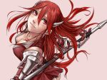  1girl armor breasts cordelia_(fire_emblem) fire_emblem fire_emblem_awakening gloves hair_ornament highres holding kirie_kairi long_hair looking_at_viewer polearm red_eyes redhead simple_background smile solo very_long_hair weapon 