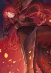  1girl bangs black_bodysuit bodysuit boots breasts cape chain commentary_request embers fate/grand_order fate_(series) grin highres koha-ace large_breasts long_hair looking_at_viewer mashuu_(neko_no_oyashiro) oda_nobunaga_(fate) oda_nobunaga_(maou_avenger)_(fate) popped_collar red_eyes redhead smile solo thighs very_long_hair 