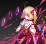  1girl :d absurdres blonde_hair blood blood_from_mouth bloody_clothes bow bunuojiang collarbone fang flandre_scarlet flower hair_between_eyes hair_bow highres jewelry long_skirt nail_polish necklace open_mouth orange_bow red_bow red_eyes red_nails red_shirt red_skirt rose shirt short_hair short_sleeves shoulder_cutout side_ponytail skirt smile solo standing touhou white_flower white_rose wings wrist_cuffs 