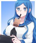  1girl blouse blue_eyes blue_hair blush breasts bubble_tea bubble_tea_challenge controller cup dangan_ronpa donutous drink drinking drinking_straw eyebrows_visible_through_hair game_console glasses handheld_game_console long_hair long_sleeves looking_down meme new_dangan_ronpa_v3 object_on_breast playing_games playstation_vita rimless_eyewear school_uniform shirogane_tsumugi simple_background solo upper_body video_game wavy_hair white_blouse 