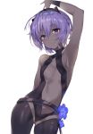  1girl absurdres arm_up armpits bangs bare_arms bare_shoulders black_leotard blue_flower blush breasts center_opening closed_mouth commentary_request cowboy_shot dark_skin eyebrows_visible_through_hair fate/prototype fate/prototype:_fragments_of_blue_and_silver fate_(series) flower hair_between_eyes hassan_of_serenity_(fate) highres leisss leotard navel purple_hair sidelocks simple_background small_breasts solo violet_eyes white_background 