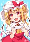  1girl :d absurdres ascot bangs blonde_hair blue_background bow commentary_request controller cowboy_shot crystal eyebrows_visible_through_hair fang flandre_scarlet frilled_shirt_collar frills hat hat_bow highres holding long_hair looking_at_viewer miy@ mob_cap one_side_up open_mouth pointy_ears puffy_short_sleeves puffy_sleeves red_bow red_eyes red_skirt red_vest shirt short_sleeves simple_background skirt skirt_set smile solo touhou translated vest white_headwear white_shirt wings yellow_neckwear 