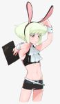  1boy androgynous animal_ears cravat green_hair lio_fotia male_focus midriff ns1123 open_mouth promare rabbit_ears shorts solo violet_eyes wrist_cuffs 