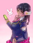  1girl academy_d.va alternate_costume alternate_hair_color alternate_hairstyle bespectacled black_hair braid breasts brown_eyes bubble_tea bubble_tea_challenge cellphone character_name cup d.va_(overwatch) disposable_cup drinking drinking_straw glasses headphones lips long_hair looking_at_viewer medium_breasts necktie nose object_on_breast overwatch phone pink_neckwear round_eyewear school_uniform smartphone solo twin_braids whisker_markings 