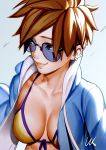  1girl backlighting bikini blue_background blue_jacket blue_sky breasts brown_eyes brown_hair casual collarbone day ear_piercing earrings front-tie_bikini front-tie_top highres jacket jewelry lips lolik long_sleeves looking_to_the_side medium_breasts open_clothes open_jacket overwatch piercing short_hair signature sky smile solo spiky_hair sunglasses swimsuit tracer_(overwatch) upper_body yellow_bikini 