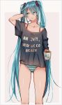  1girl bare_legs beige_background black_shirt blue_eyes blue_hair clothes_writing coffee_mug collarbone commentary cup ei_flow eyebrows_visible_through_hair eyes_visible_through_hair feet_out_of_frame hair_between_eyes hand_on_own_head hatsune_miku highres holding holding_cup long_hair looking_away mug panties parted_lips rectangle shiny shiny_skin shirt simple_background solo standing striped striped_panties thighs twintails twitter_username underwear v-shaped_eyebrows very_long_hair vocaloid white_background white_panties 