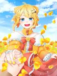  1girl :d aku_no_musume_(vocaloid) blonde_hair blue_eyes blue_sky blurry blush bow capelet choker clouds collarbone colored_eyelashes depth_of_field dress dress_grab evillious_nendaiki flower frilled_sleeves frills hair_bow hair_ornament hairclip holding_hand jewelry juliet_sleeves kagamine_rin kokura_(6131228) long_sleeves looking_at_viewer open_mouth petals pov pov_hands puffy_sleeves riliane_lucifen_d&#039;autriche rose rose_hair_ornament rose_petals sidelocks skirt_hold sky smile solo_focus sparkle vocaloid wide_sleeves yellow_dress yellow_flower yellow_nails yellow_rose 