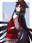  1girl absurdres aito black_hair black_headwear breasts commentary_request fate/grand_order fate_(series) from_side grin hair_between_eyes hat headphones highres jacket long_hair looking_at_viewer oda_nobunaga_(fate) peaked_cap red_eyes red_jacket smile solo very_long_hair 
