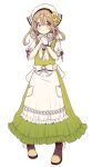 1girl :o apron bangs blush boots bow brown_footwear brown_hair dress eyebrows_visible_through_hair frilled_apron frills full_body green_bow green_dress green_eyes hair_between_eyes hair_bow hand_up hands_together head_scarf highres long_hair original own_hands_together parted_lips pigeon-toed sakura_oriko shirt short_sleeves sleeveless sleeveless_dress solo standing waist_apron white_apron white_bow white_shirt yellow_bow 