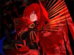  1girl bangs black_bodysuit black_gloves bodysuit breasts cape closed_mouth commentary_request elbow_gloves eyebrows_visible_through_hair fate/grand_order fate_(series) gloves hair_over_one_eye highres large_breasts long_hair looking_at_viewer oda_nobunaga_(maou_avenger)_(fate) red_cape red_eyes redhead smile solo upper_body very_long_hair yuki_maccha_(yukimattya10) 