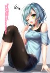 1girl aqua_hair bang_dream! bangs bare_shoulders black_legwear blue_hair blue_shirt blue_shorts bow braid breasts collarbone commentary_request eyebrows_visible_through_hair green_eyes hair_bow hand_up highres hikawa_hina knees_up leggings looking_at_viewer medium_breasts off_shoulder one_eye_closed open_mouth ramchi shirt shoes short_shorts short_sleeves shorts side_braids signature solo squiggle translation_request twin_braids white_background white_footwear yellow_bow 