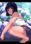  1girl absurdres bare_legs bare_shoulders barefoot blush flower highres hydrangea original purple_hair short_hair short_shorts shorts smile solo squatting 