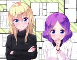  2girls black_sweater blonde_hair blue_eyes commentary_request crossed_arms highres long_hair long_sleeves looking_at_viewer multiple_girls new_game! official_art purple_hair shirt short_hair sweater tokunou_shoutarou tooyama_rin turtleneck turtleneck_sweater upper_body watch white_shirt yagami_kou 