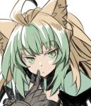 1girl ahoge animal_ear_fluff animal_ears atalanta_(fate) blonde_hair cat_ears fate/grand_order fate_(series) gloves green_eyes green_hair long_hair multicolored_hair nahu pointing pointing_at_self slit_pupils solo white_background 