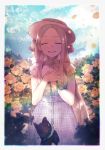  1girl abigail_williams_(fate/grand_order) artist_request bangs belt closed_eyes clouds collar damaged fate/grand_order fate_(series) flower hand_on_own_chest hat highres open_mouth parted_bangs petals rose rose_petals sky smile stuffed_animal stuffed_dog stuffed_toy stuffing yellow_flower 