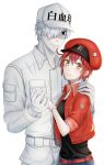  1boy 1girl baseball_cap belt black_eyes black_shirt character_name closed_mouth couple gloves hair_over_one_eye hand_on_another&#039;s_shoulder hat hataraku_saibou holding_hands jacket long_sleeves looking_at_viewer military_jacket open_clothes open_jacket print_hat red_belt red_headwear red_jacket redhead shirt short_hair short_sleeves silver_hair smile standing upper_body white_background white_gloves white_headwear white_jacket white_skin yellow_eyes yomiyomi_p 