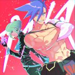  2boys bekkai black_gloves black_jacket blue_eyes blue_hair chest cravat crossed_arms earrings fire galo_thymos gloves green_hair highres jacket jewelry lio_fotia looking_back male_focus multiple_boys open_mouth pants promare shirtless smile spiky_hair violet_eyes 