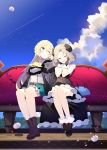  2girls 4others :d ;) aizawa_azusa ankle_boots bangs bare_shoulders benio_(dontsugel) black_dress black_gloves blonde_hair blue_eyes blush boots braid choker closed_eyes clouds cloudy_sky couch cravat demon_girl demon_tail dress drill_hair eyebrows_visible_through_hair full_body gloves hair_between_eyes hands_on_own_cheeks hands_on_own_face happy highres horns juliet_sleeves long_hair long_sleeves multiple_girls multiple_others one_eye_closed open_mouth outdoors parted_bangs petticoat provato_pecora_aries puffy_sleeves shoes short_hair sitting skirt sky slime slime_taoshite_300_nen_shiranai_uchi_ni_level_max_ni_nattemashita smile tail very_long_hair waist_cape wool 