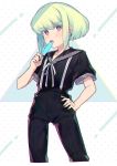  1boy black_gloves blonde_hair blush earrings food gloves green_hair highres jewelry karokuchitose lio_fotia looking_at_viewer male_focus open_mouth popsicle promare sailor_collar sailor_shirt shirt solo violet_eyes 