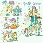  1boy 3girls blonde_hair blue_hair brother_and_sister cape closed_eyes closed_mouth crown feather_trim fire_emblem fire_emblem_heroes fjorm_(fire_emblem) fur_trim gradient_hair gunnthra_(fire_emblem) guttary hair_ornament hand_on_another&#039;s_head hrid_(fire_emblem) long_sleeves magazine multicolored_hair multiple_girls open_mouth pink_hair short_hair siblings simple_background sisters tiara twitter_username veil violet_eyes white_hair ylgr_(fire_emblem) 