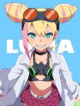  1girl bikini_top blonde_hair blue_eyes double_bun goggles labcoat lucia_fex multicolored_hair promare sharp_teeth smile spnngr teeth two-tone_hair 