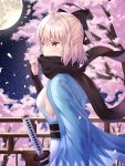  1girl absurdres ahoge black_bow black_scarf bow breasts cherry_blossoms cherry_tree fate_(series) from_side full_moon hair_between_eyes hair_bow haori highres japanese_clothes katana koha-ace moon night night_sky okita_souji_(fate) okita_souji_(fate)_(all) outdoors ponytail retsu4708 scarf scarf_over_mouth sheath sheathed short_hair sideboob silver_hair sky small_breasts solo standing star_(sky) starry_sky sword weapon yellow_eyes 
