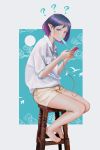  1girl ? absurdres barefoot blue_eyes blush cellphone food highres looking_at_viewer original phone pointy_ears popsicle purple_hair qizhu short_sleeves shorts sitting smartphone solo stool 