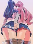  2girls akashi_(kantai_collection) ass blue_hair callan_(callancoe) from_behind from_below holding_hands kantai_collection long_hair multiple_girls ooyodo_(kantai_collection) pink_hair school_uniform serafuku skirt thigh-highs thighs white_background 