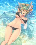  animal_ear_fluff animal_ears arm_up bangs bikini black_bikini blush breasts brown_hair crossed_bangs day eyebrows_visible_through_hair fang gradient_hair green_eyes hair kuromiya kuromiya_raika large_breasts long_hair looking_at_viewer lying multicolored_hair navel o-ring o-ring_bikini on_back open_mouth original swimsuit tail two-tone_hair water 