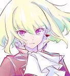  1boy blonde_hair close-up closed_mouth cravat earrings face highres jacket jewelry lio_fotia looking_at_viewer male_focus mecyo_(mamezurushiki) promare solo violet_eyes 