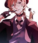  absurdres bandages biting black_gloves black_hair black_headwear brown_eyes bungou_stray_dogs caz choker dazai_osamu_(bungou_stray_dogs) fedora food formal glove_biting gloves hat highres ice_cream looking_at_viewer multiple_boys nakahara_chuuya orange_hair shirt smile solo_focus upper_body vest 