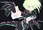  1boy 96_rikku black_gloves black_jacket blonde_hair cravat fire foreshortening gloves green_hair half_gloves highres jacket jewelry lio_fotia male_focus outstretched_arms promare solo violet_eyes 