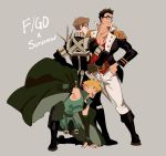  3boys absurdres boots brown_hair chest cosplay epaulettes fate/grand_order fate_(series) glasses highres kendy_(revolocities) long_sleeves male_focus multiple_boys muscle napoleon_bonaparte_(fate/grand_order) original pectorals robin_hood_(fate) scar simple_background smile uniform 