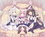  3girls :3 :d :o absurdres animal_band_legwear animal_ears apron bangs bell black_hair blue_bow blue_eyes blush bow bow_dress breasts brown_eyes brown_hair brown_legwear cake cat_band_legwear cat_ears cat_girl cat_tail character_name chocola_(sayori) chocolate cleavage_cutout collared_dress dress eyebrows_visible_through_hair feet food fraise_(sayori) full_body giving green_eyes hair_between_eyes hair_ornament head_tilt headdress highres holding holding_plate holding_spoon jitome long_hair looking_at_viewer multiple_girls name_tag neck_bell nekopara official_art open_mouth pink_bow pink_hair plate puffy_short_sleeves puffy_sleeves purple_bow purple_legwear ribbon sayori short_sleeves sitting slit_pupils small_breasts smile spoon tail tareme thigh-highs twintails vanilla vanilla_(sayori) very_long_hair waitress wavy_hair white_hair white_legwear 