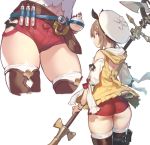  1girl ass atelier_(series) atelier_ryza back belt beret brown_hair commentary_request fangdan_runiu flask from_behind hat holding holding_staff hood hood_down looking_at_viewer looking_back multiple_views navel red_shorts reisalin_stout shirt short_hair short_shorts shorts staff test_tube thigh-highs thighs white_background white_headwear 