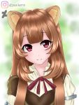  1girl blush breasts brown_hair large_breasts raphtalia red_eyes simple_background smile 