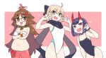  3girls ahoge bangs bare_shoulders bikini black-framed_eyewear black_scarf black_swimsuit blonde_hair blush bob_cut border bow breasts brown_eyes brown_hair chan_co choker collarbone eyeliner fate/extra fate/grand_order fate_(series) glasses grey_eyes hair_between_eyes hair_bow highleg highleg_swimsuit horns jinako_carigiri koha-ace large_breasts long_hair looking_at_viewer makeup medium_breasts multiple_girls navel okita_souji_(fate) okita_souji_(fate)_(all) one-piece_swimsuit oni oni_horns open_mouth pink_background plump pointy_ears purple_hair sarong scarf short_eyebrows short_hair shuten_douji_(fate/grand_order) simple_background small_breasts smile swimsuit very_long_hair violet_eyes white_bikini white_border white_swimsuit 