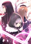  1boy 2girls absurdres bangs black_gloves black_hair black_jacket blonde_hair blue_jacket cape cloak commentary_request fate/grand_order fate_(series) fur_trim gloves gray_(lord_el-melloi_ii) green_eyes grey_hair hair_between_eyes hat highres hood hood_up jacket long_hair long_sleeves looking_at_viewer lord_el-melloi_ii_case_files multiple_girls reines_el-melloi_archisorte short_hair smile ssautwoarkio waver_velvet white_hair 