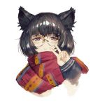  1girl :&gt; animal_ear_fluff animal_ears bangs black_hair blush bob_cut cat_day cat_ears cat_girl closed_mouth cozy glasses highres long_sleeves looking_at_viewer original rimless_eyewear round_eyewear scarf short_hair simple_background smile solo v white_background 