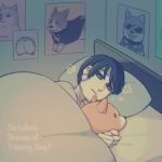  1boy android bed black_eyes black_hair comforter deal_(va-11_hall-a) lying male_focus on_side poster_(object) solo stuffed_animal stuffed_toy va-11_hall-a welsh_corgi y_(35504109) 