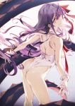  1girl absurdres ass bb_(fate)_(all) bb_(swimsuit_mooncancer)_(fate) fate/grand_order fate_(series) feet_out_of_frame from_behind gloves gradient gradient_background hair_ribbon highleg highleg_leotard highres hong leotard looking_at_viewer purple_hair red_ribbon ribbon smile solo standing tentacles violet_eyes white white_gloves white_leotard 