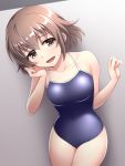  1girl bare_arms bare_legs blue_swimsuit blush breasts brown_eyes brown_hair chin_rest collarbone competition_school_swimsuit competition_swimsuit covered_navel cowboy_shot day eyebrows_visible_through_hair gradient gradient_background hair_between_eyes hand_on_own_chin idolmaster idolmaster_cinderella_girls indoors kita_hinako looking_at_viewer medium_breasts one-piece_swimsuit open_mouth pataniito school_swimsuit short_hair smile solo standing swimsuit wall 