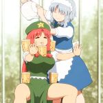  2girls blurry breasts bubble_tea_challenge closed_eyes commentary depth_of_field drinking drunken_master duplicate hair_ribbon hong_meiling izayoi_sakuya jackie_chan large_breasts long_hair multiple_girls parody pouring redhead ribbon shirosato touhou 