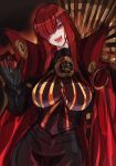  1girl :d black_gloves bodysuit breasts cape fate/grand_order fate_(series) gloves hair_over_one_eye highres k_jin large_breasts long_hair looking_at_viewer oda_nobunaga_(maou_avenger)_(fate) open_mouth red_eyes redhead sketch smile solo teeth very_long_hair 