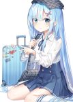  1girl bag blue_eyes blue_hair blue_neckwear blue_skirt buttons cabbie_hat collared_shirt hair_ornament hat heart highres inhoya2000 kneehighs long_hair long_sleeves looking_at_viewer luggage pleated_skirt re:zero_kara_hajimeru_isekai_seikatsu rem_(re:zero) school_uniform shirt shoulder_bag sidelocks sitting skirt solo twitter_username very_long_hair wariza white_legwear white_shirt x_hair_ornament 