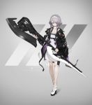  1girl bangs closed_mouth dress full_body grey_background grey_hair hair_over_one_eye hairband high_heels highres holding holding_weapon jacket looking_at_viewer neco original short_hair short_hair_with_long_locks simple_background solo standing violet_eyes weapon white_dress white_hairband 