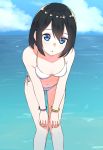  1girl :o bangle bangs bare_legs bare_shoulders bikini black_hair blue_eyes blue_sky bracelet breasts clouds cloudy_sky collarbone commentary_request day eyebrows_visible_through_hair feet_out_of_frame hair_between_eyes hands_on_own_thighs highres horizon jewelry leaning_forward looking_at_viewer navel ocean original outdoors parted_lips side-tie_bikini sky small_breasts solo standing suzunari_shizuku swimsuit water white_bikini yuki_arare 