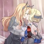  2girls ascot black_gloves blonde_hair blue_eyes blue_neckwear bottle breasts brown_background cake_no_shaberu capelet closed_eyes colorado_(kantai_collection) commentary_request cowboy_shot cup dress elbow_gloves flower garrison_cap gloves gradient gradient_background grey_dress hat headgear highres holding holding_bottle hug kantai_collection kiss kiss_day large_breasts long_sleeves military military_uniform multiple_girls necktie nelson_(kantai_collection) pencil_skirt red_flower red_neckwear red_rose revision rose shirt short_hair side_braids sideboob skirt sleeveless teacup uniform white_shirt yuri 